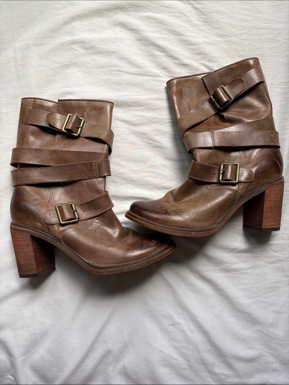 Jeffrey Campbell Brown Leather Buckle Strap Heeled Boots